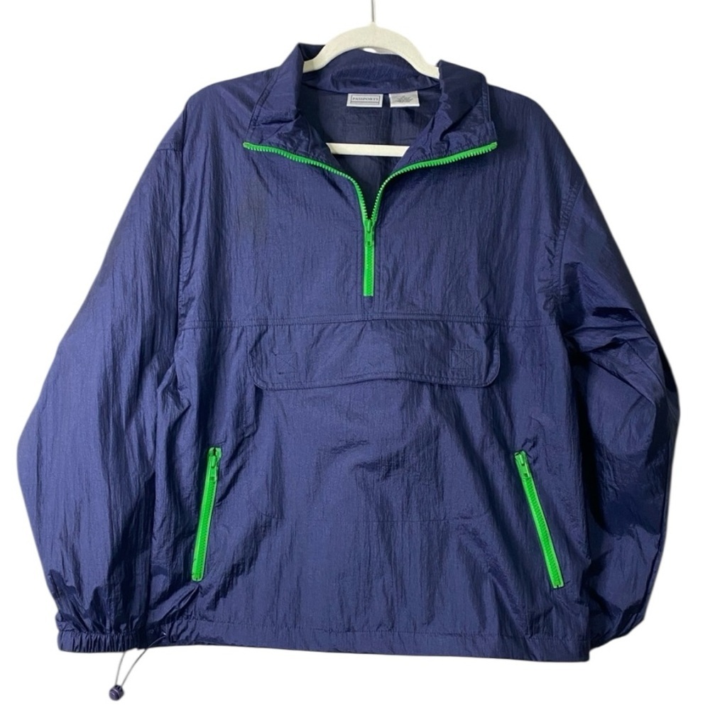 Vintage Passports Navy Windbreaker Pullover — Neon Green Zipper Accents (M)